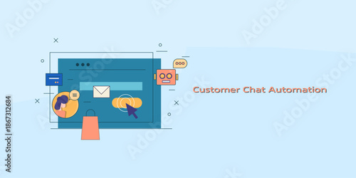 AI virtual assistant automates customer support, automatic respond to woman customer about product pricing and shopping delivery, line art.