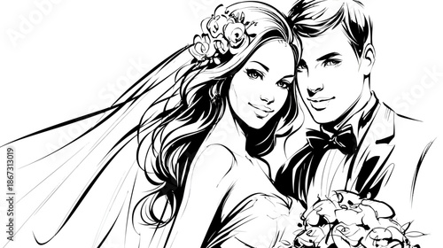 Elegant black and white illustration of a happy bridal couple, a beautiful bride and handsome groom on their wedding day, line art sketch.