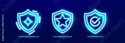 Advanced Protection Premium Security Cyber Defense Neon Icons Set, Security Guarantee Trusted Reliable Protection Neon Logo, Verified Security Trusted Protection Secure Shield. Vector Illustration