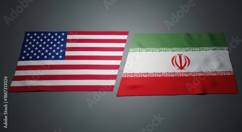 Official Flags of the United States of America and the Islamic Republic of Iran Placed Side by Side on Gray Surface