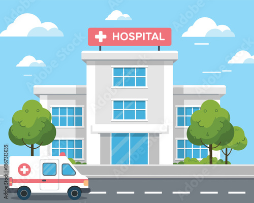Cartoon Hospital Building Exterior with Red Cross Signage and Emergency Ambulance Vehicle Driving on the Road in Modern City Scene