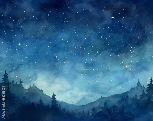 Watercolor painting of starry night sky filled with twinkling stars, with silhouettes of trees prominently in the foreground, stunning natural scene. Vector artwork of starry night sky
