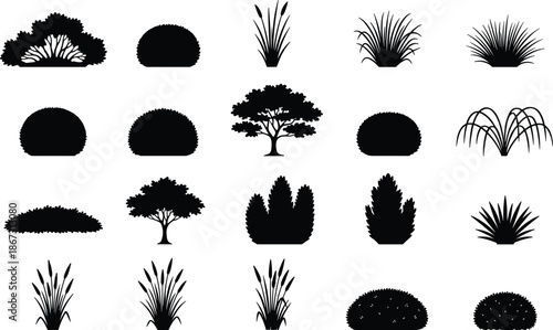 Bush shrub and tree silhouettes vector illustration set, garden foliage grass and landscape plant elements collection for nature backgrounds design projects