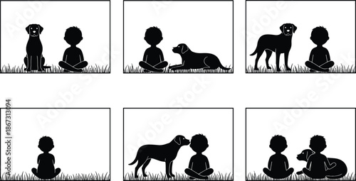 Child and dog friendship silhouettes vector illustration set, cute kid sitting with puppy scenes for family love, companionship, pet care concepts