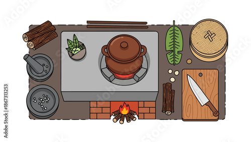 Rustic cooking station illustration clay pot on wood fire, fresh ingredients, and kitchen tools for authentic outdoor meal preparation