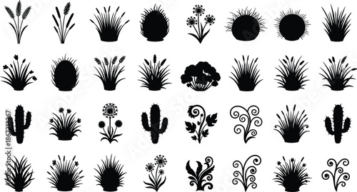 Grass flower cactus silhouette icon set with decorative plants foliage elements, black nature botanical vector illustration collection design pack