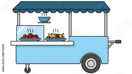 Cheerful blue mobile food cart offering steaming hot meals. Vibrant vector illustration depicting street food service and culinary entrepreneurship in a charming flat design