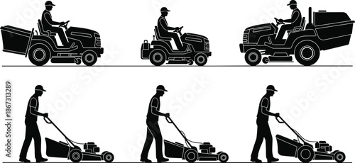 Lawn mower worker silhouettes vector illustration set, people riding and pushing grass cutting machines for gardening, landscaping services, outdoor maintenance design
