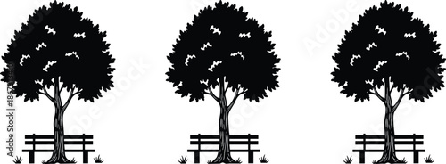 Park tree silhouette with wooden bench scene, black nature landscape vector illustration isolated outdoor relaxation design element collection garden public seating artwork