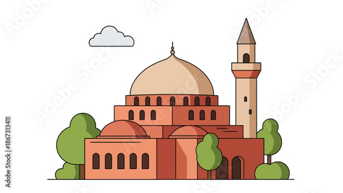 Vector illustration of a mosque building. Traditional Islamic architecture with dome and minaret. Green trees, clear sky. Cultural and travel design asset