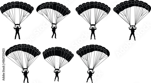 Parachuting people silhouettes vector illustration set, skydivers descending with parachutes for extreme sports, adventure activities, aviation safety design concepts