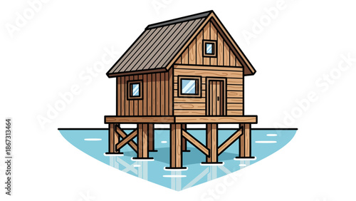 Wooden cabin on stilts in the water, representing a cozy and rustic dwelling, perfect for a serene getaway or a unique architectural concept