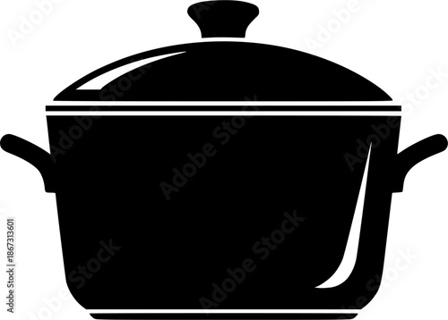 Black silhouette of a classic cooking pot with a lid and side handles, minimalist flat vector cookware icon for kitchen apps, recipes, and UI design