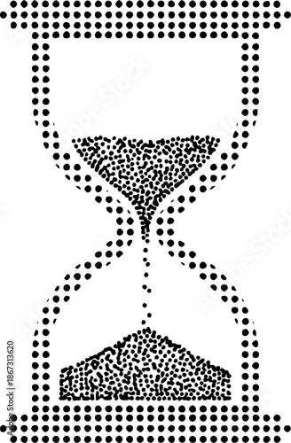 Set of four black hourglass icons in different styles on white background: solid silhouette, curved outline, dotted sand, triangular sand pattern, set
