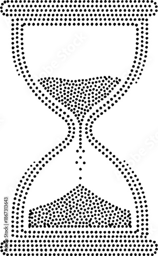 Set of four black hourglass icons in different styles on white background: solid silhouette, curved outline, dotted sand, triangular sand pattern, set
