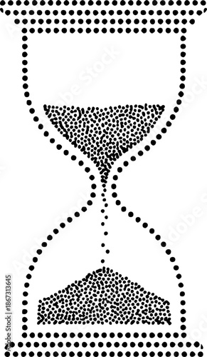 Set of four black hourglass icons in different styles on white background: solid silhouette, curved outline, dotted sand, triangular sand pattern, set
