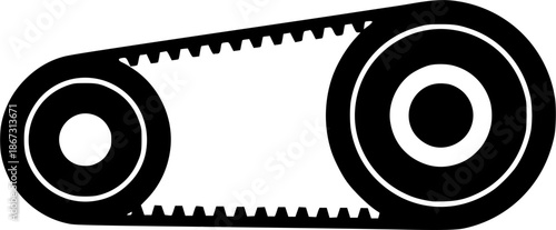 Black belt drive icon showing two pulleys and a toothed belt in a flat vector design, minimalist mechanical symbol for engineering diagrams
