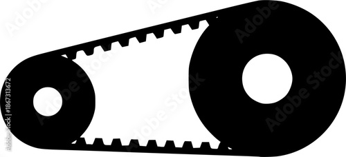 Black belt drive icon showing two pulleys and a toothed belt in a flat vector design, minimalist mechanical symbol for engineering diagrams