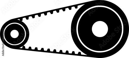 Black belt drive icon showing two pulleys and a toothed belt in a flat vector design, minimalist mechanical symbol for engineering diagrams