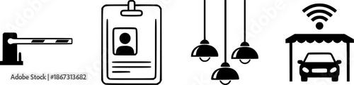 Four black vector icons: toll barrier gate, photo ID frame, hanging pendant lights, and car under a canopy with WiFi symbol