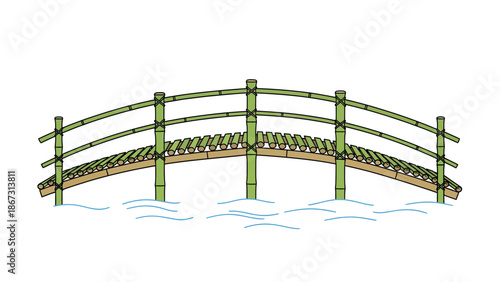 Elegant traditional arched bamboo bridge vector illustration, a serene design spanning over water, ideal for tranquil nature-themed projects with a clean and peaceful aesthetic