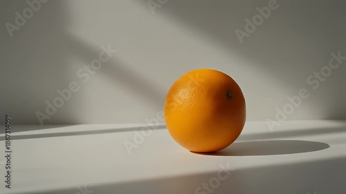 A single, vibrant orange fruit sits against a stark white backdrop, bathed in soft, natural light and cast shadows