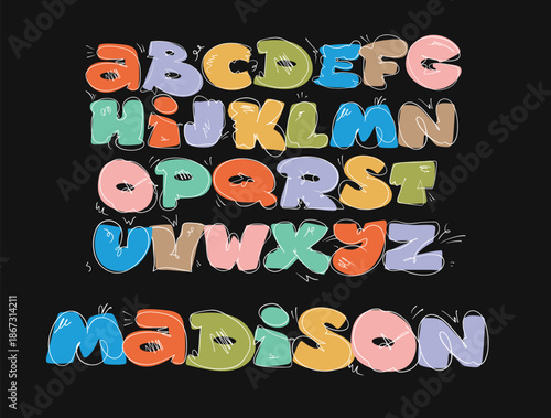 Trendy bubble style comical alphabet design in bright colors. Playful decorative typeface, vector illustration for creative typography and graphic design use