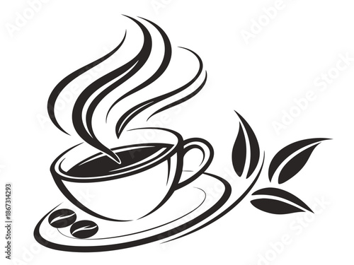 A steaming hot cup of coffee on a saucer with coffee beans and leaves, a symbol of morning routine and caffeine with beverage and illustration