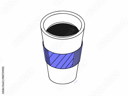 A white disposable cup with a blue sleeve filled with black coffee on a plain white background with beverage and hot drink and takeout and morning