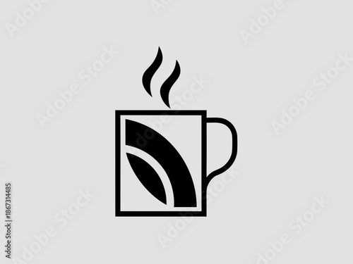 A steaming hot cup of coffee with leaf design on a simple background with mug and beverage and drink and icon and logo and symbol and graphic