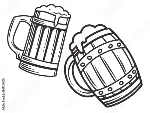 A black and white illustration of a beer mug and a wooden beer barrel both filled with frothy beer on a plain background with alcohol and drink