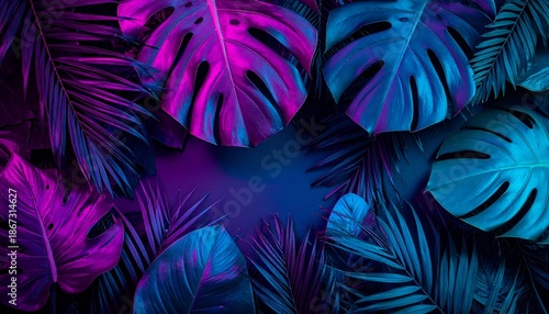 Tropical Neon Foliage - Vibrant Monstera and Palm Leaves.