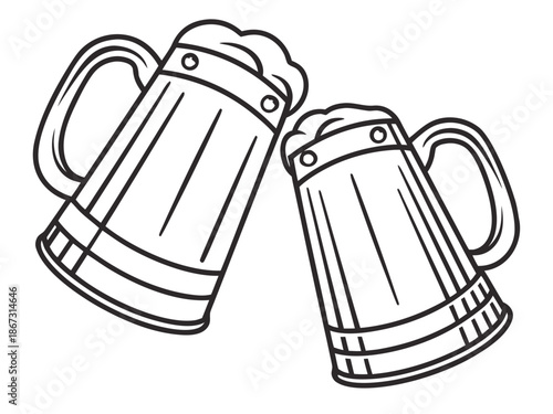 Two beer mugs with foam, vector illustration of stein glasses, clinking together in a celebratory toast, drinking concept with celebration and party