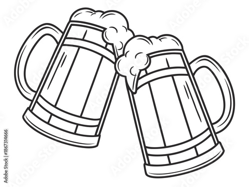 Two wooden beer mugs clinking together with foamy beer on a white background, symbolizing friendship and celebration in a simple black and white line art style