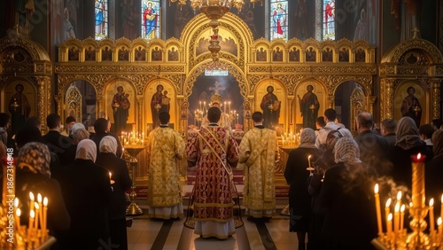 Orthodox church liturgy with clergy and congregation surrounded by golden interior and lit candles