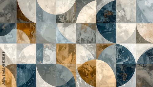 Abstract Geometric Pattern with Circles and Squares in Muted Colors.