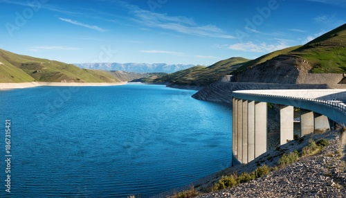 Wallpaper Mural concrete structure curves along the edge of a vast blue reservoir surrounded by rolling hills Torontodigital.ca