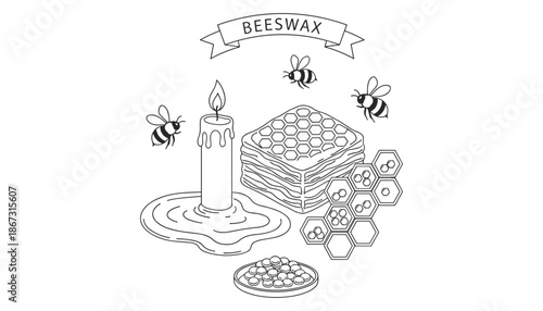 Beeswax with bees and honeycomb vector illustration on white background