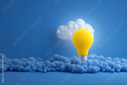 Floating yellow lightbulb above a cluster of blue bulbs on a blue background, representing a simple innovative idea