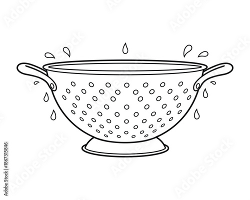 Colander metal utensil with small holes used for straining washing vegetables and pasta drainer