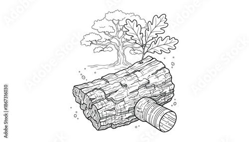 Hand drawn oak tree growing out of log with water and a pipe in black isolated on transparent
