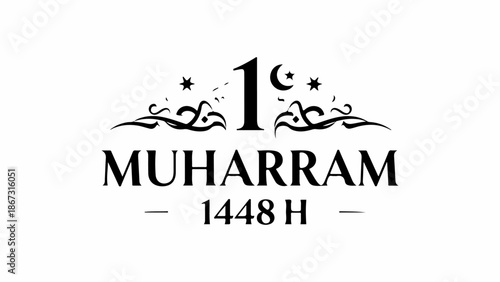 Black and white logo for 1 Muharram 1448 H, marking the Islamic New Year, with decorative stars and crescent moon.