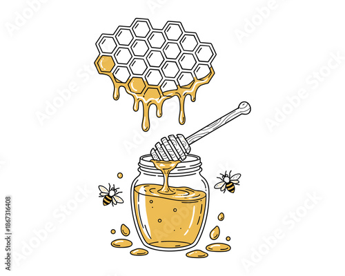 Honey illustration with stick and two bees above jar in bright yellow color