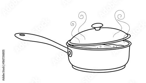 Saucepan drawing with hot steam coming out from pot cover in black line vector illustration