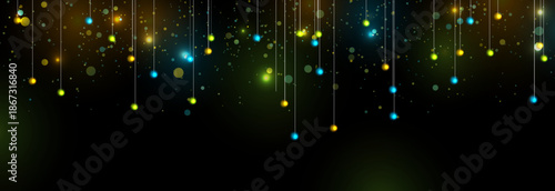 Glowing colorful hanging bokeh lights and neon shiny particles abstract background. New Year and Christmas vector graphic banner design