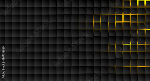 Black squares mosaic with golden light abstract geometric background. Vector minimal futuristic design