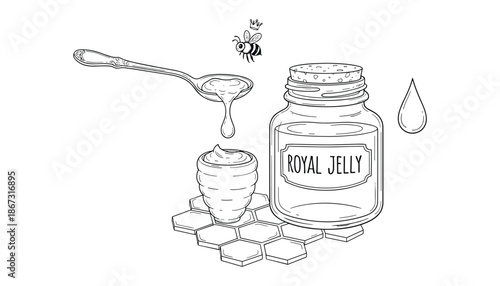 Royal jelly with spoon and bee vector graphic illustration on white background