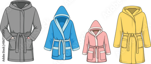 Four cartoon style bathrobes in different colors and sizes on a white background dressing gown loungewear