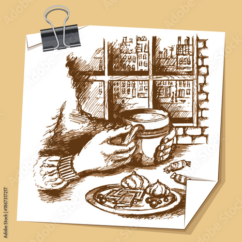 A coffee mug in the hand of a visitor to a small cafe against the backdrop of windows with a panoramic view of city streets. Sketch, rough outline. Vector illustration