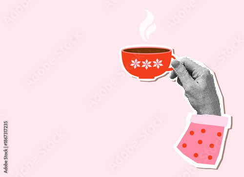 Hand holding a cup of warm coffee with steam on pink background, Fun vector halftone collage for coffee shop advertisements